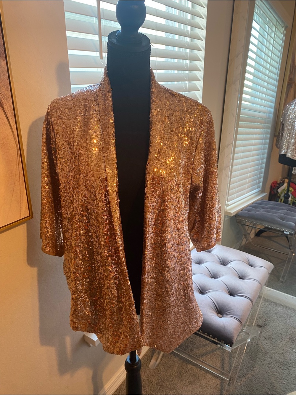 Sequined Open-Front Rose Gold Jacket for Women- runs small/ fits like Medium-Lg